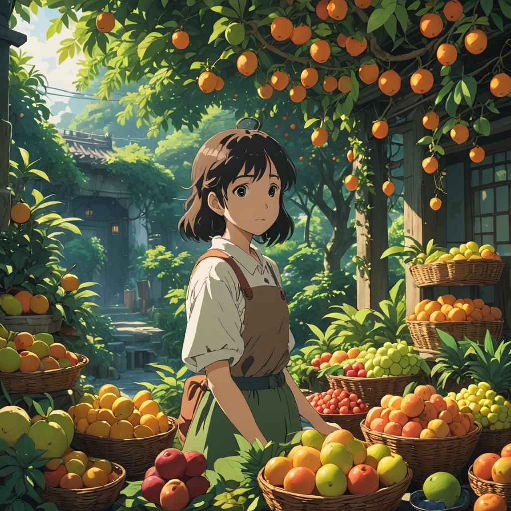 Fruit Girl in Studio Ghibli Anime Style