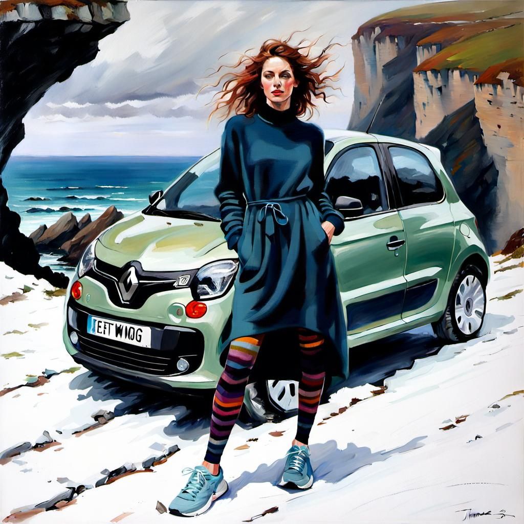 French Woman Posing by Car: Oil Painting