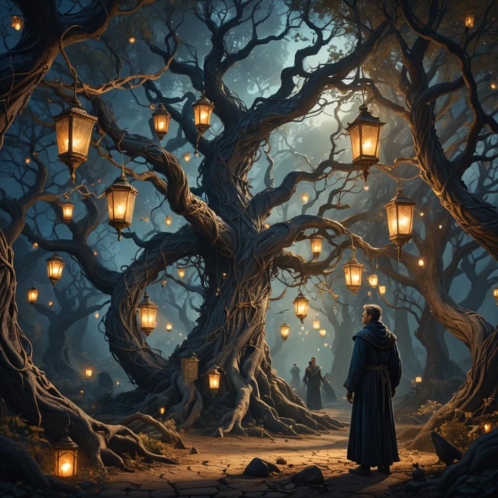 Regal Figure in Mystical Fantasy Landscapes with Ancient Tre...