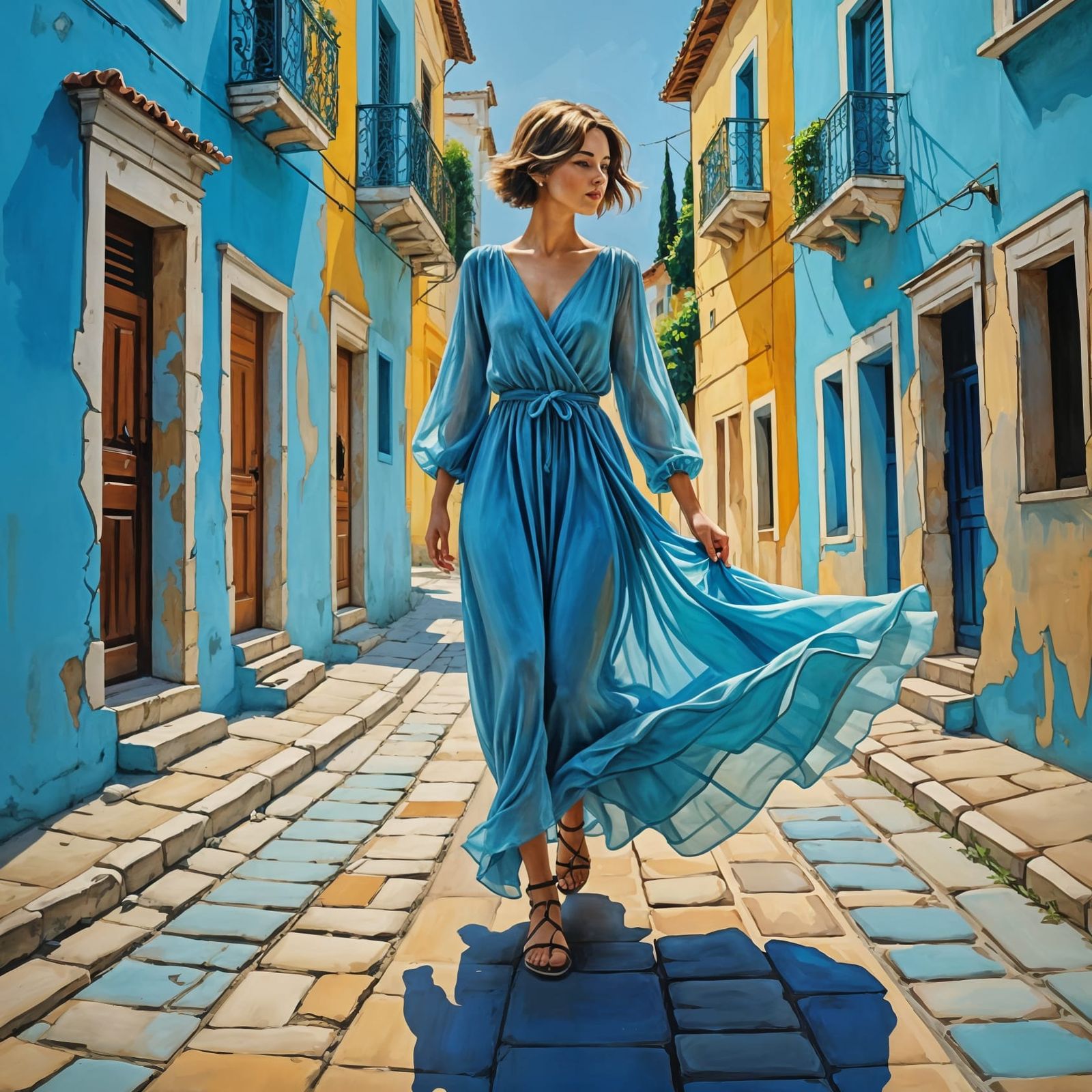 Fauvist Woman in Athens: A Vibrant Acrylic Painting