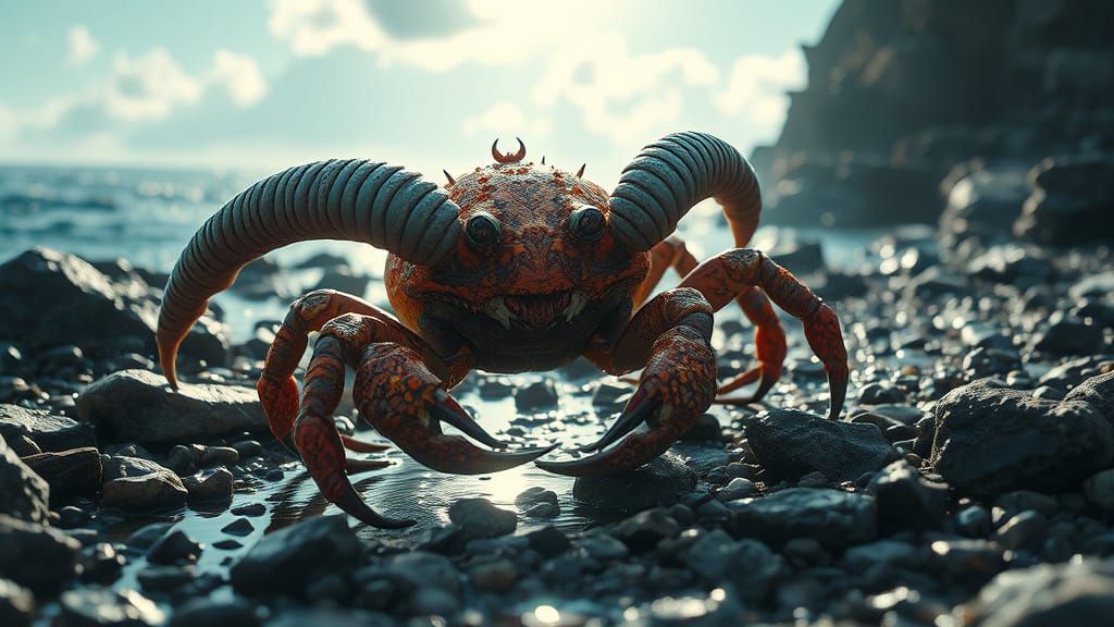 Cyberpunk-Style Evil Sheep Crab Hybrid on Rocky Beach