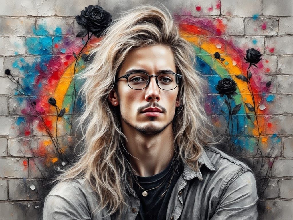 Man with Rainbow Graffiti, Watercolor Style