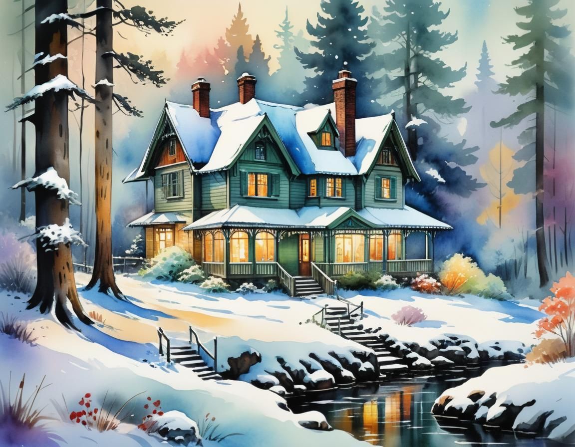 Vibrant Cottage in the Snowy Forest Landscape