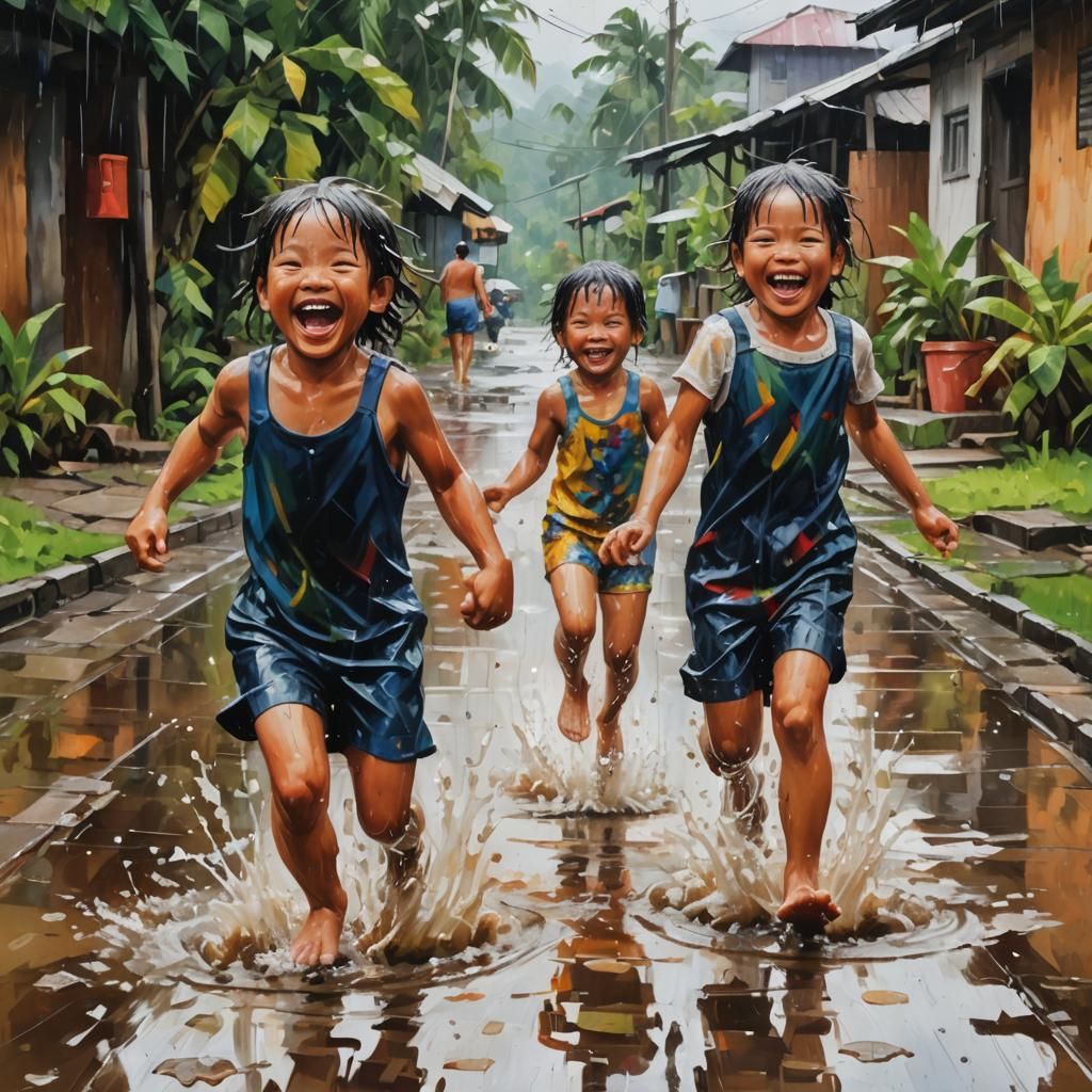 Children Laughing and Splashing in Rainy Philippines, Impast...