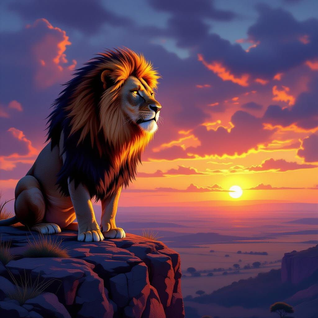 Fiery Lion Overlooking Savanna Sunset in Hyperrealism