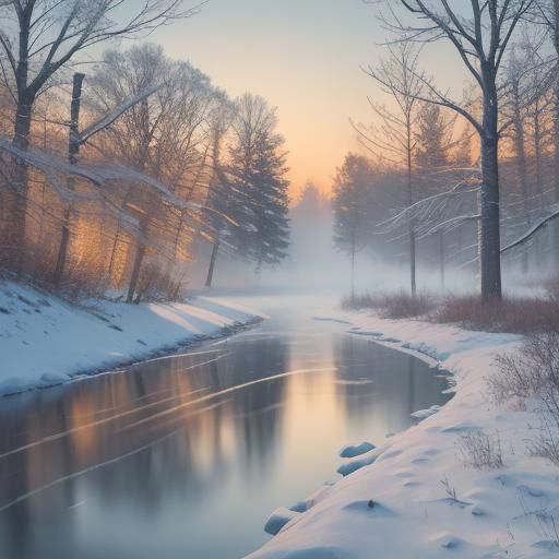 Serene Winter Riverbank at Golden Hour