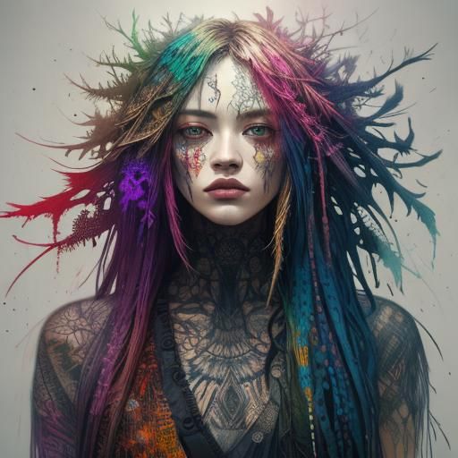 Intricate Grunge Digital Art in Triadic Colors
