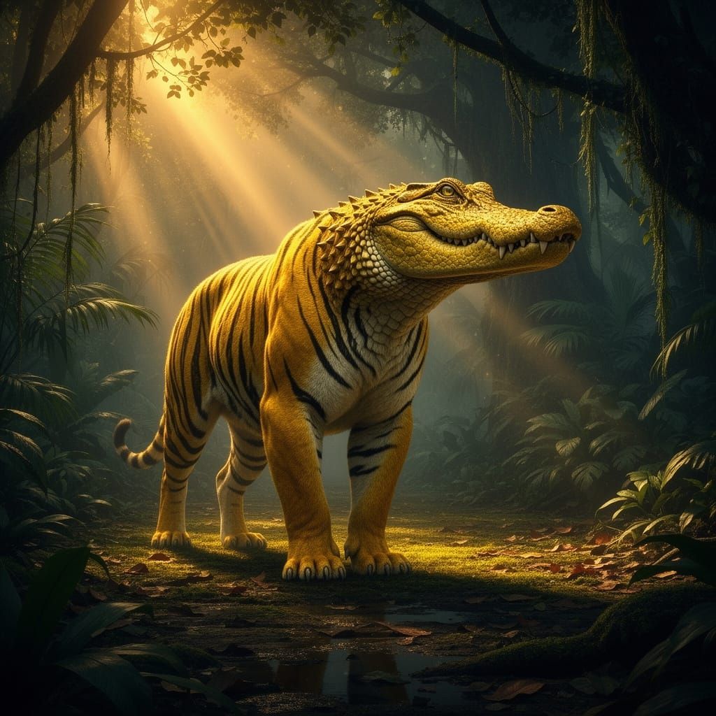 Tiger-Crocodile Hybrid in Yellow Jungle Clearing