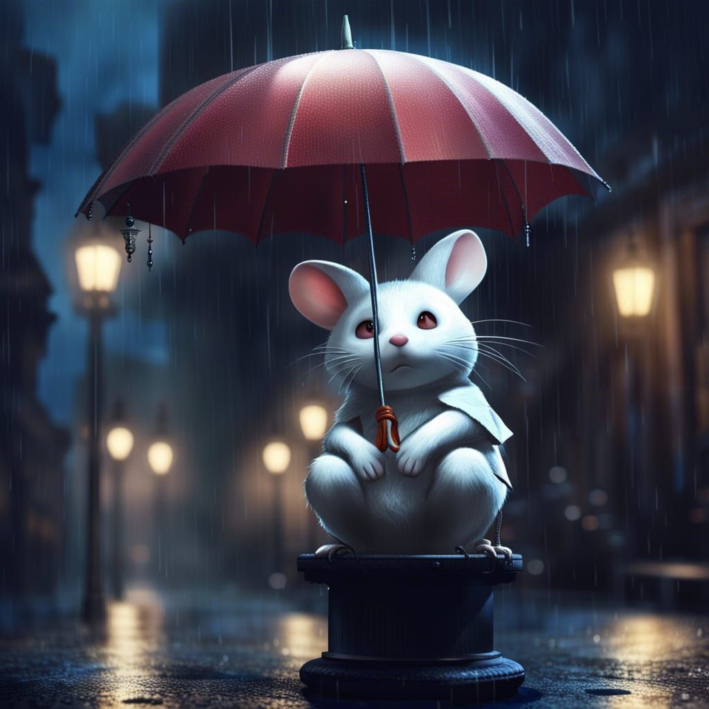 Lonely Moogle in Rainy Fantasy City