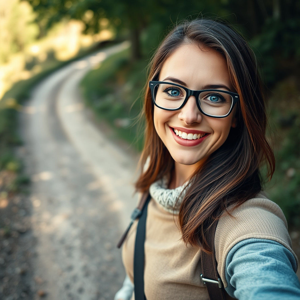 Friendly Woman with a Genuine Smile Takes a Selfie