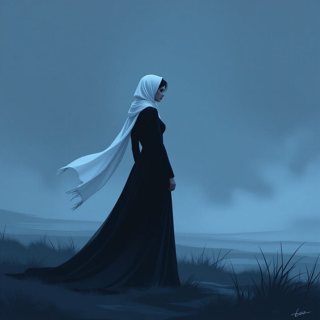 Monochromatic Woman in Noir Landscape with Blue Glow