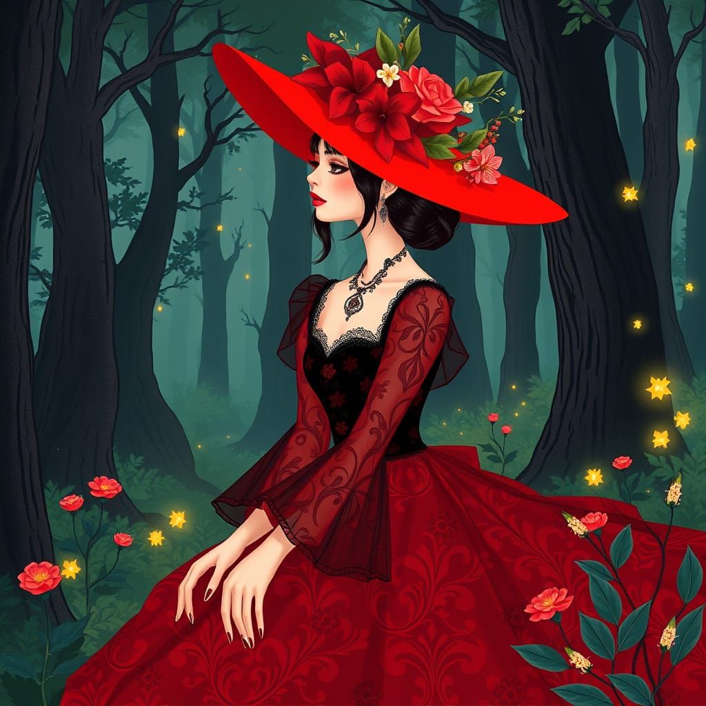 Elegant Fantasy Woman in Red Hat, Surrounded by Magical Fore...