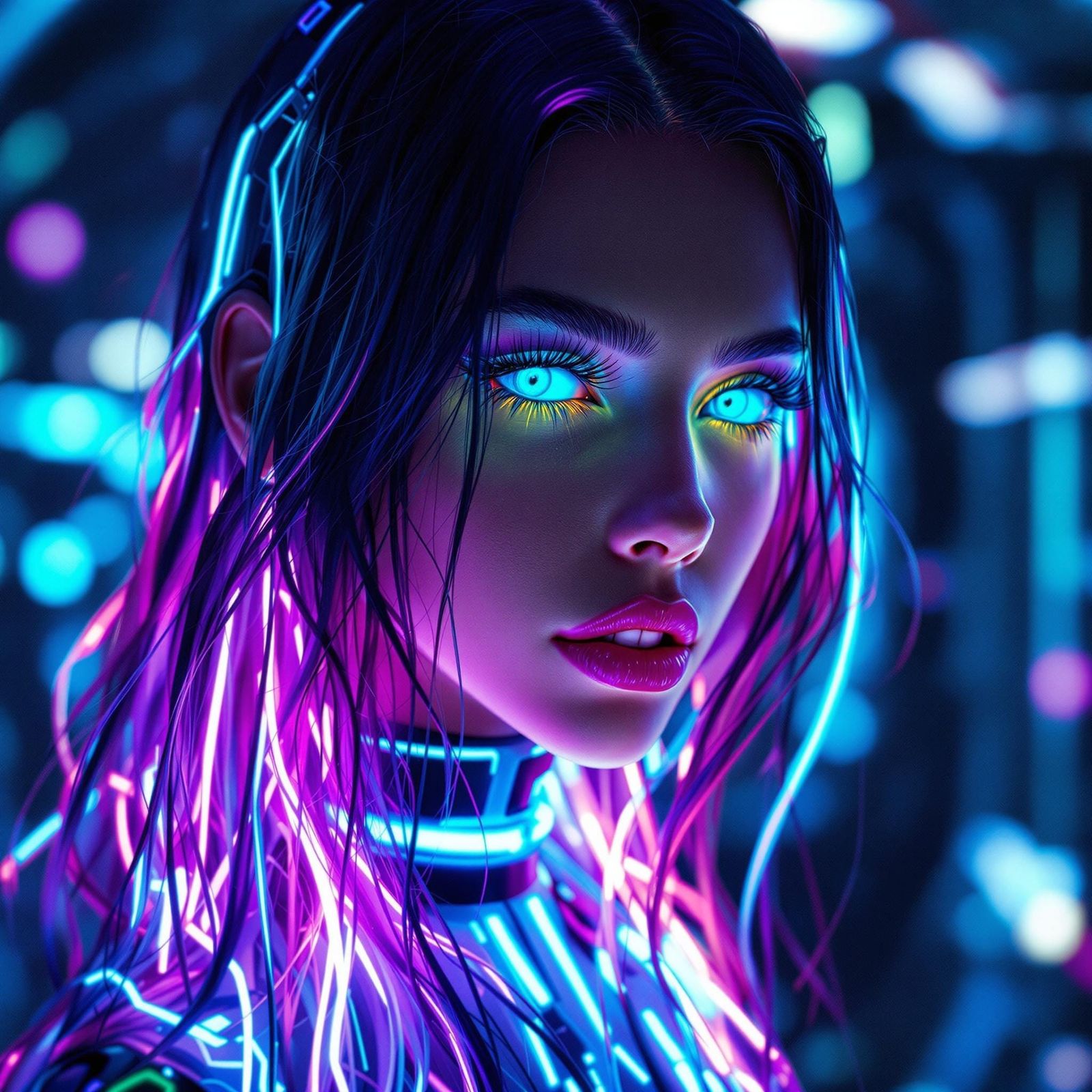 Glowing Woman with Neon Hair in Cyberpunk Portrait