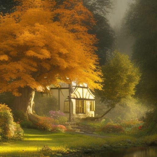 Golden Autumn Cottagecore Fantasy Landscape