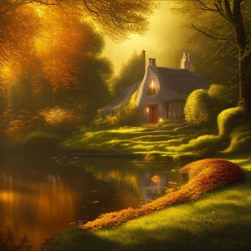 Autumnal Cottage in Forest, Fantasy Concept Art