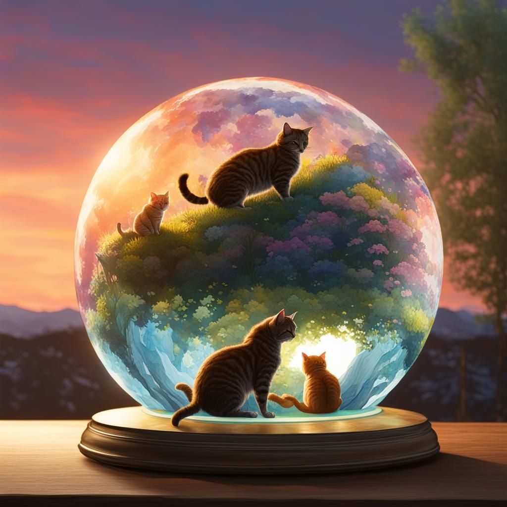 Cats Sleeping in Glass Globe Watercolor Art