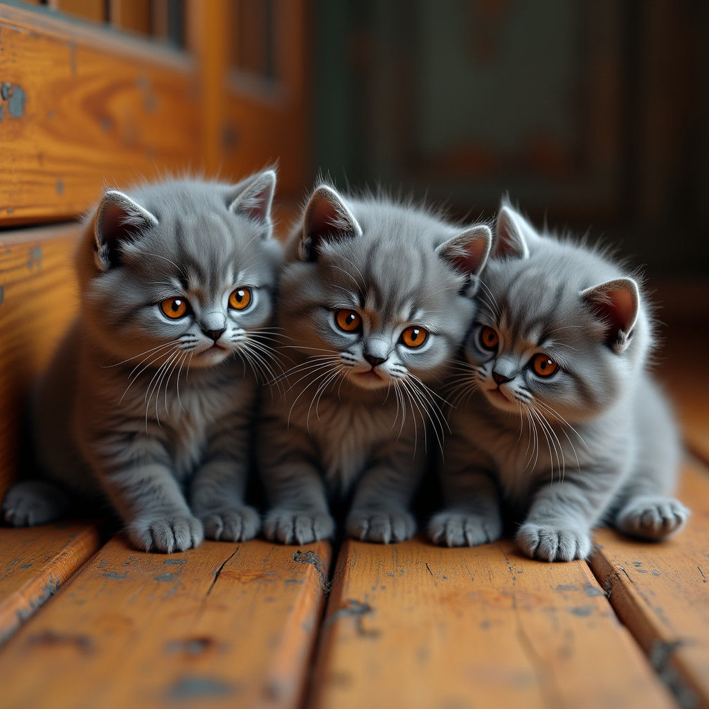 Adorable British Shorthairs on Weathered Floorboards