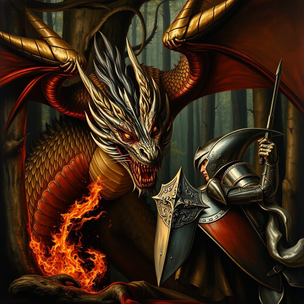 Dragon and Knight Battle in Baroque Style