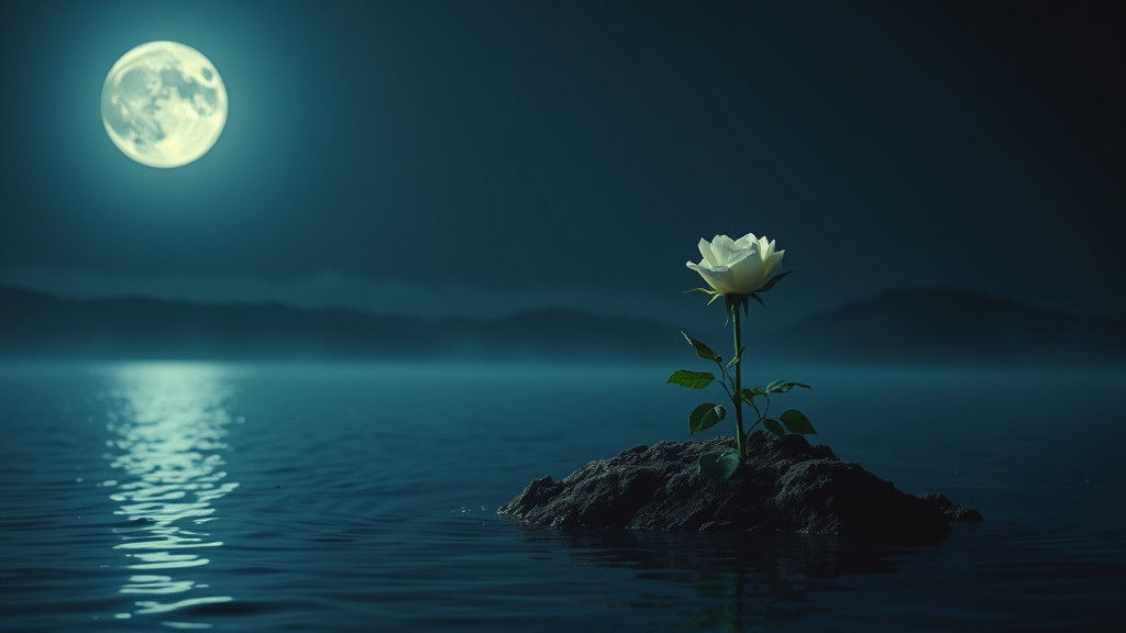 Mysterious White Rose Blooms on Moonlit Island