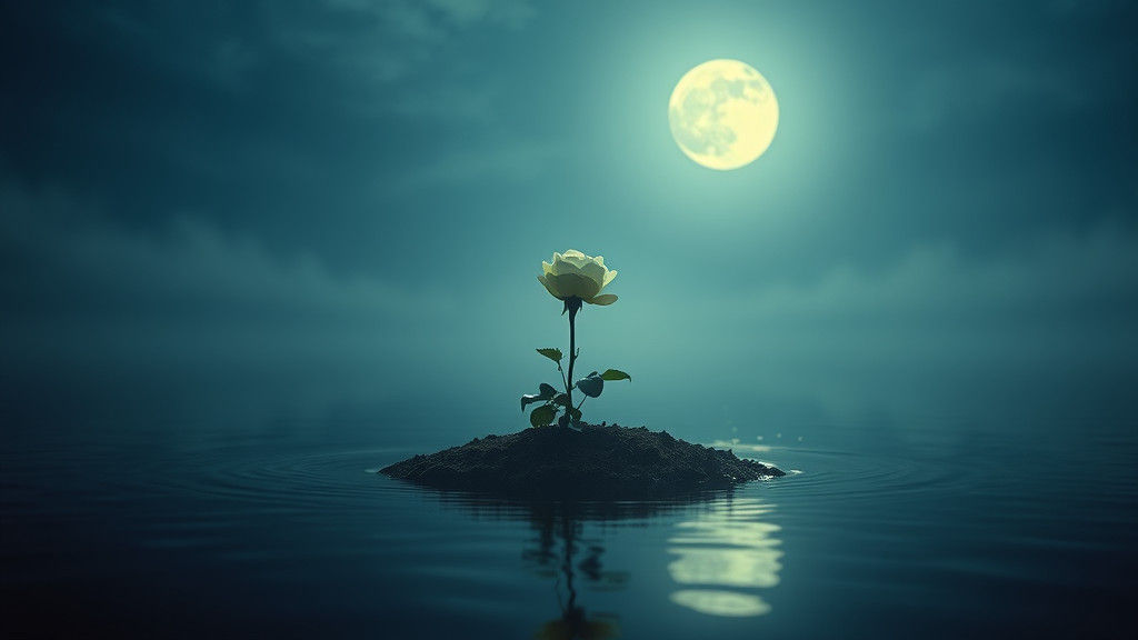 White Rose Blooms on Island in Moonlight