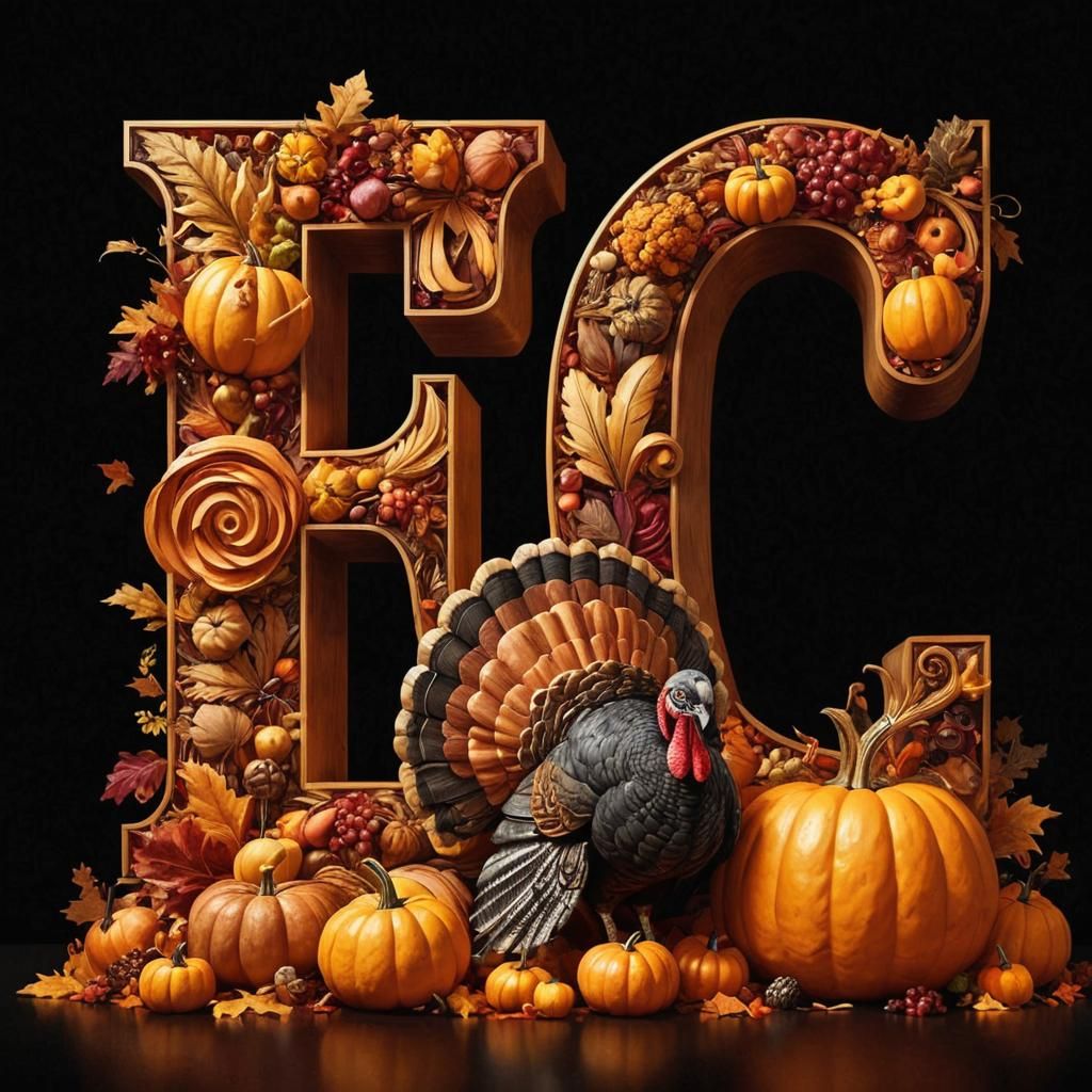 Thanksgiving Artwork: 'EC' with Turkey and Pumpkin