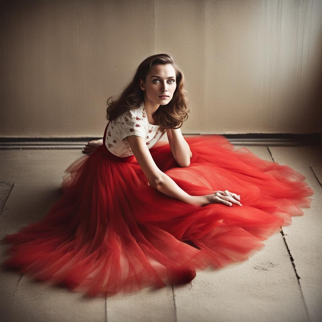 1950s Girl in Red Dress: Bird's Eye View