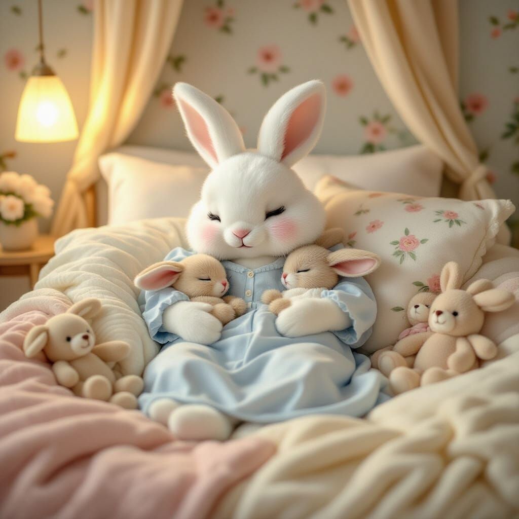 Anthropomorphic Bunny Mother with Sleeping Babies in Bed