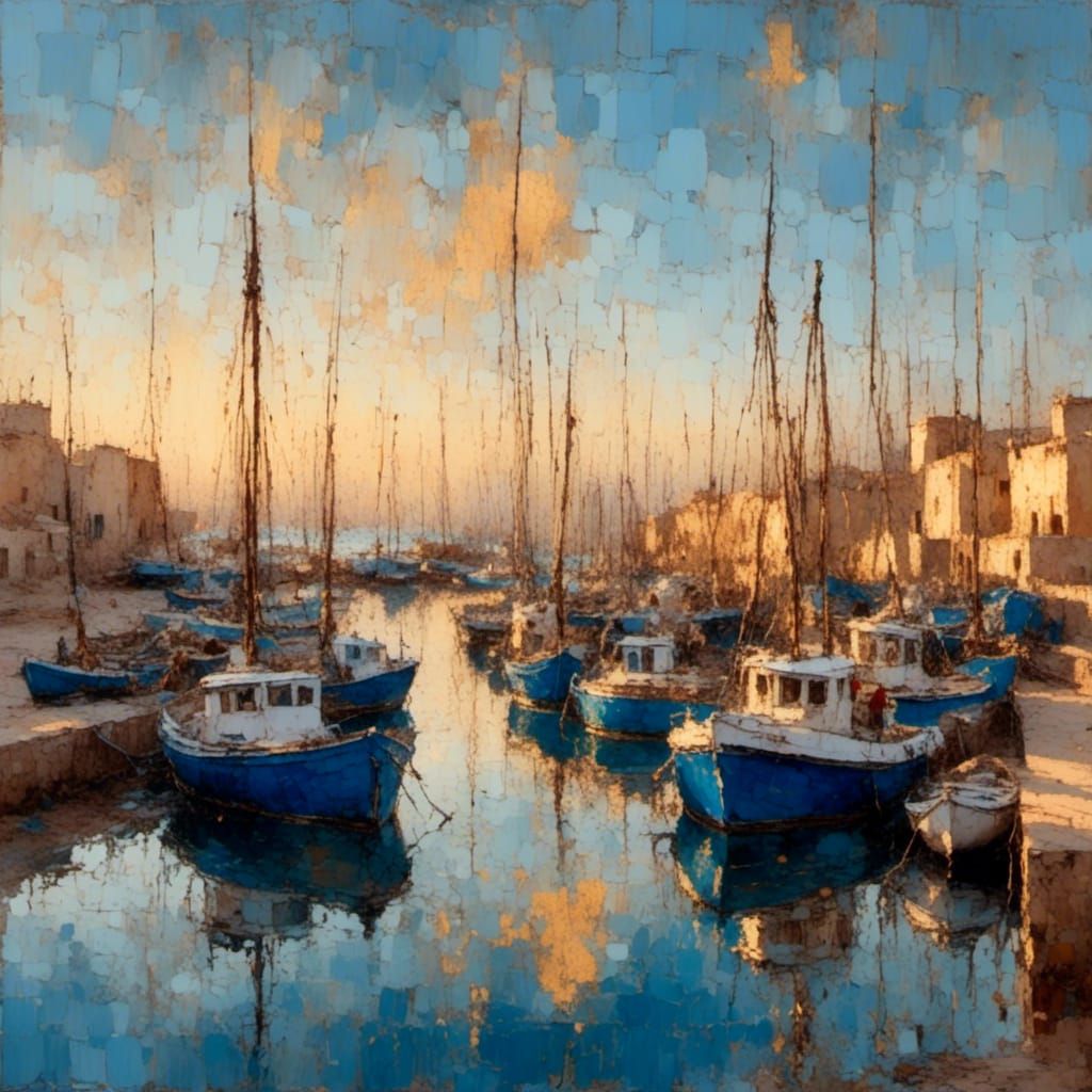 Vibrant Blue Fishing Boats in Impressionist Port