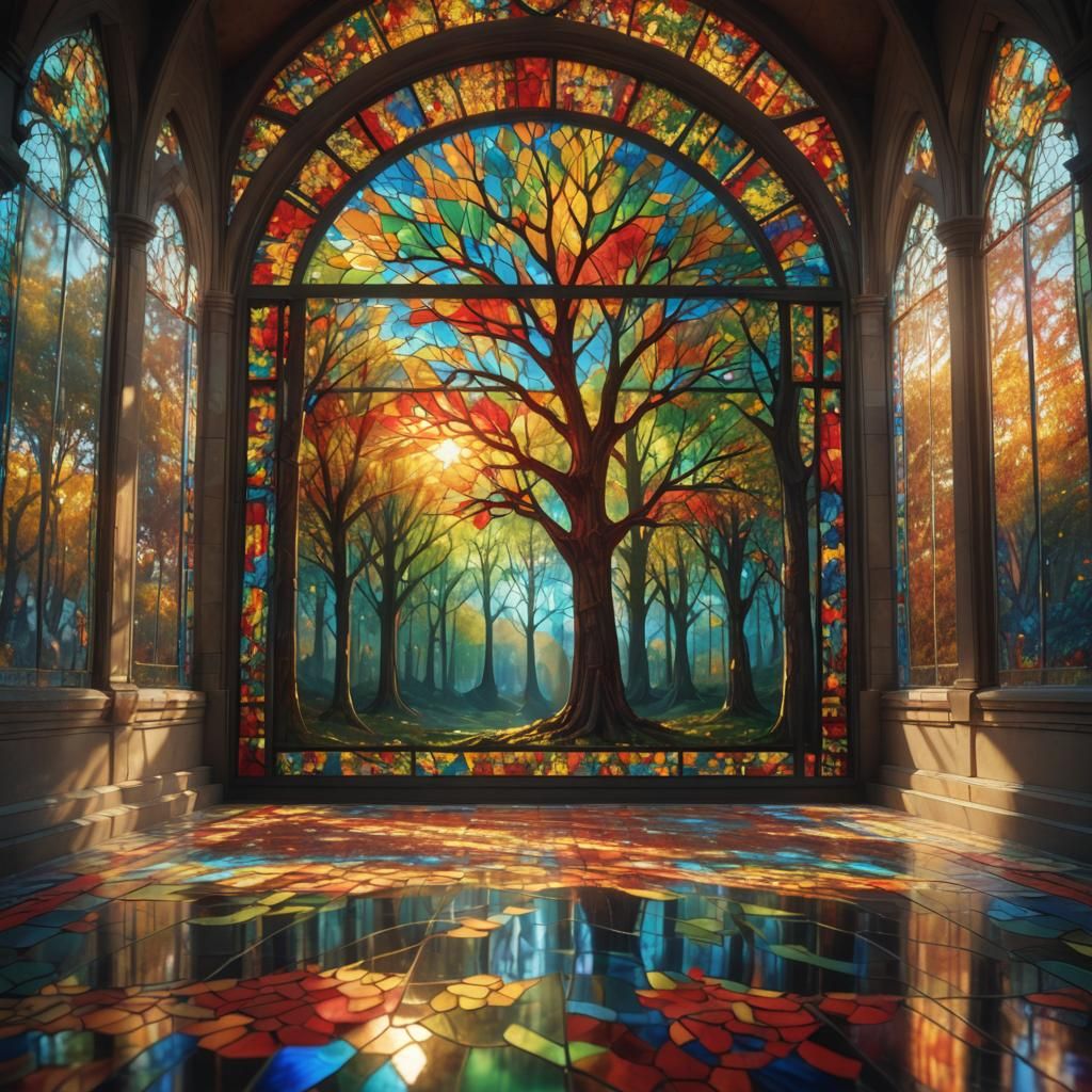 Kaleidoscopic Stained Glass Trees in Digital Matte Painting