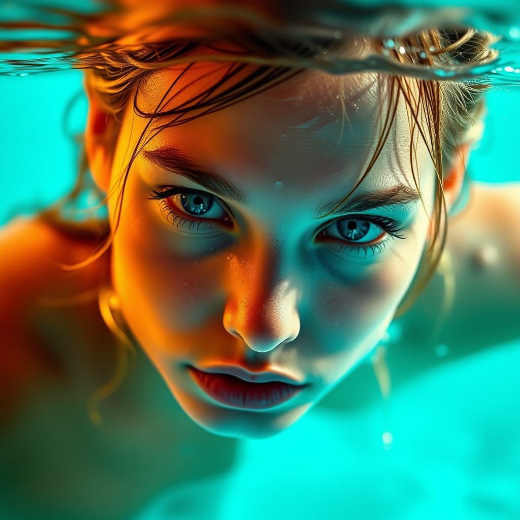 Ethereal Woman in Turquoise Water, Softly Lit with Neon Hues