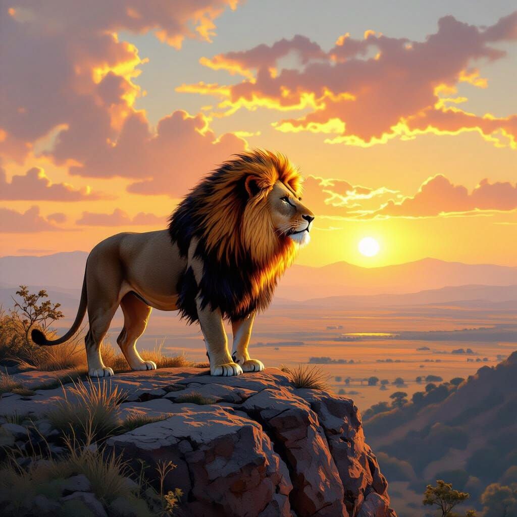 Majestic Lion Overlooking Savanna in Wildlife Art Style