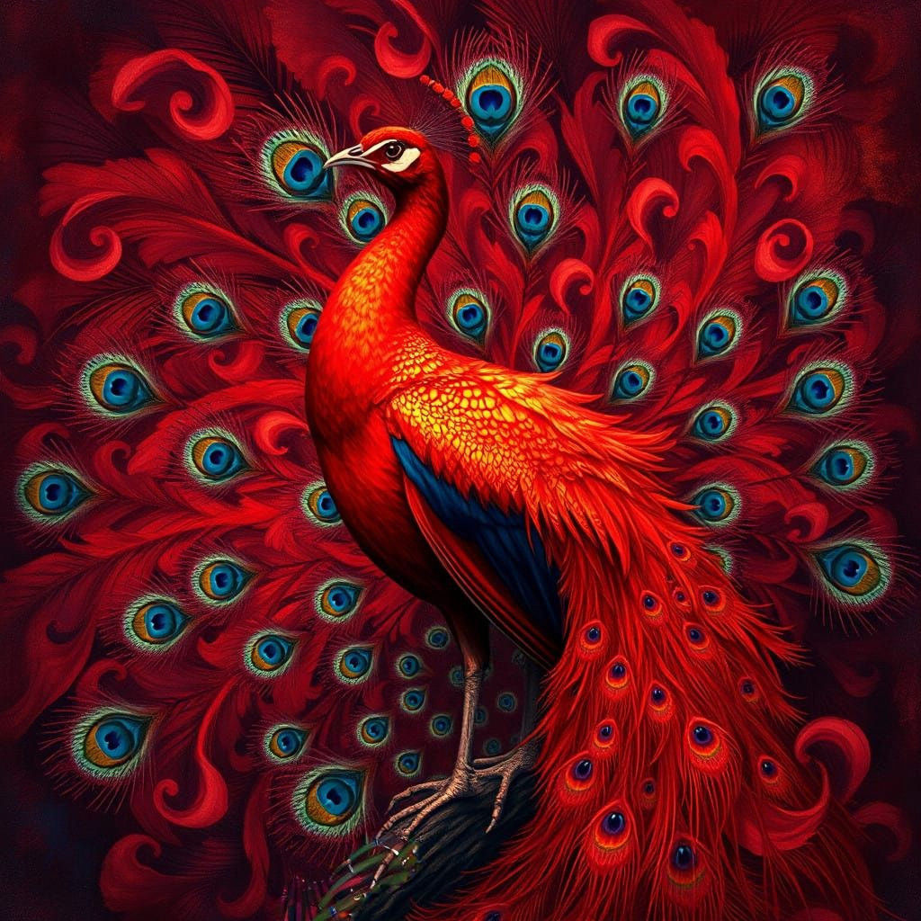 Majestic Red Peacock in Vibrant, Iridescent Feathers