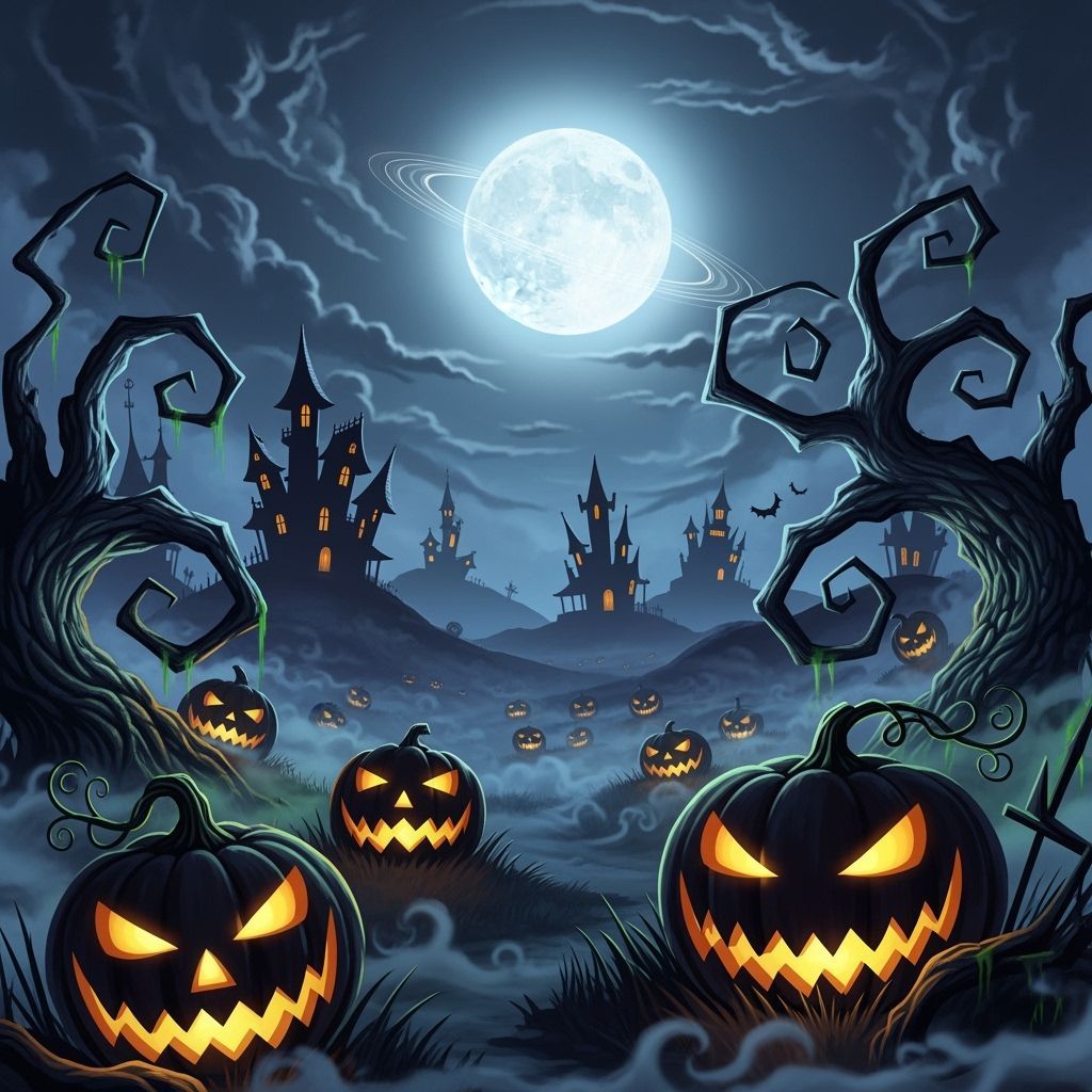 Ethereal Halloween Landscape with Jack-o'-Lanterns and Haunt...