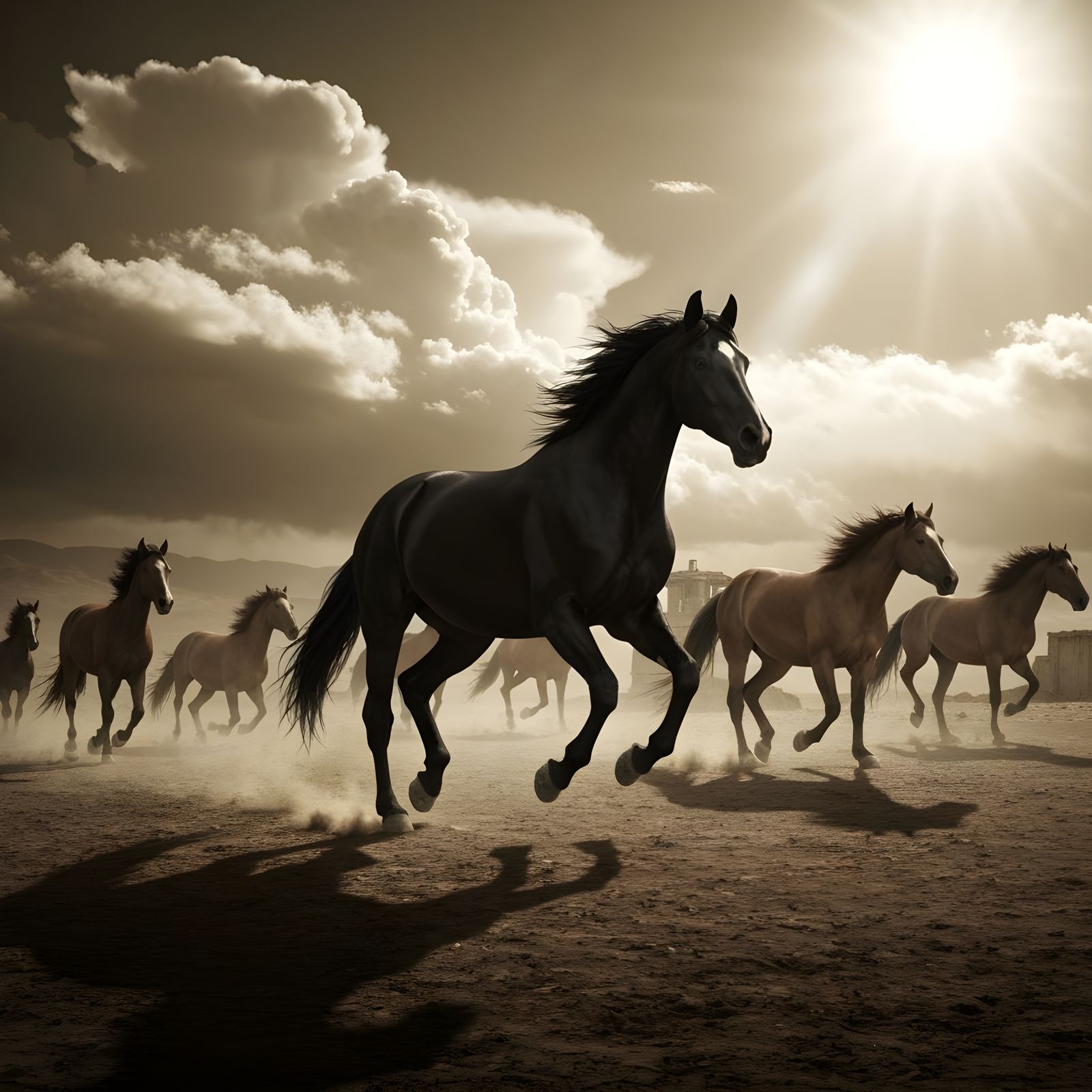 Wild Horses Stampede Through Deserted Sepia Town