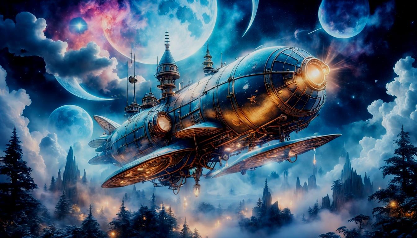 Surreal Steampunk Spacecrafts in Victorian Moonlight