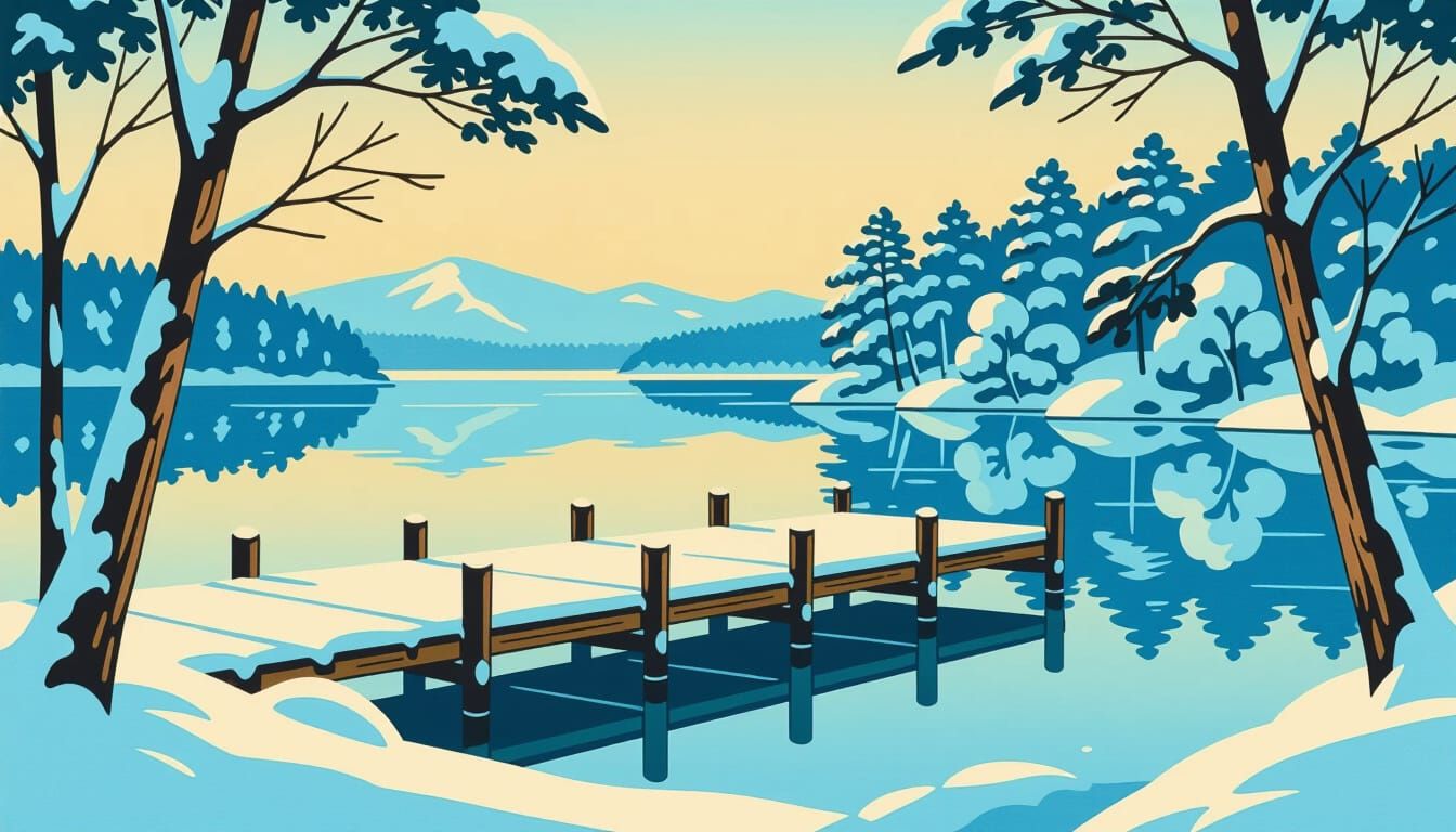 Winter Lake Scene in the Style of Japanese Woodblock Prints