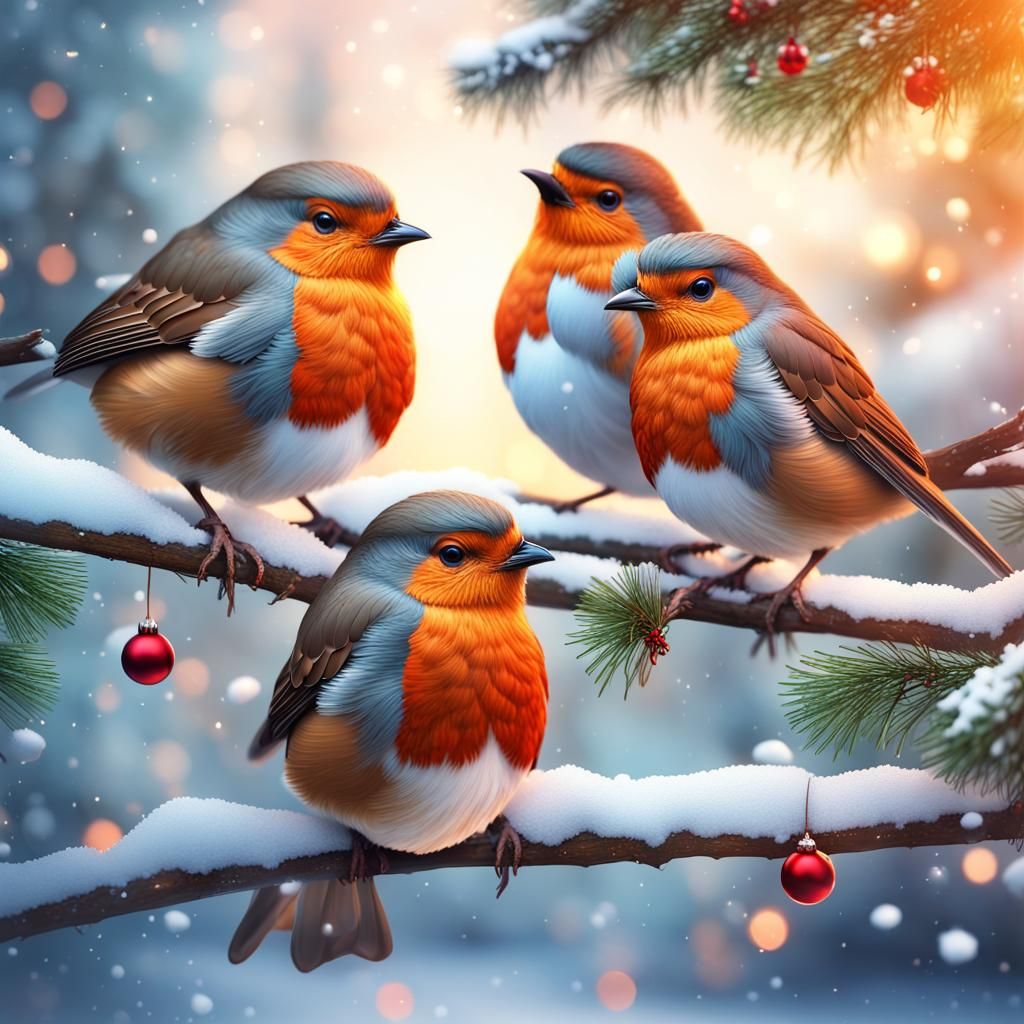 Festive Robins in Winter Forest: 3D Christmas Illustration