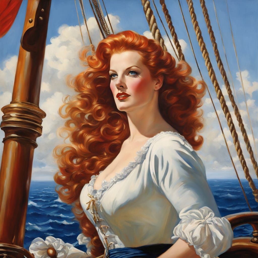 Beautiful Pirate With Red Hair on Ship Deck