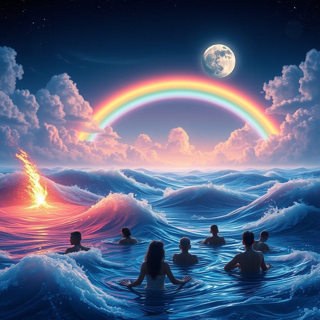 Radiant Moonlit Seascape with Rainbow Sky
