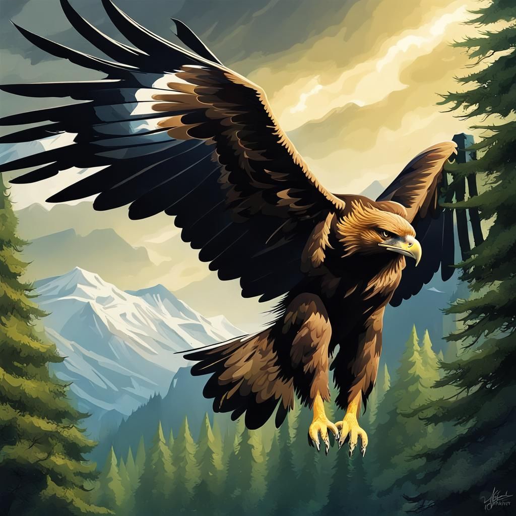 Golden Eagle Flight in Dramatic Forest Scene