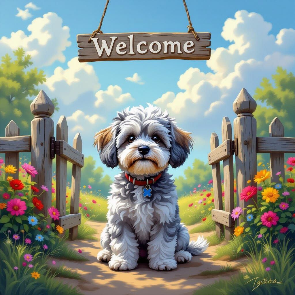 Whimsical Grey Dog at Floral Welcome Gate
