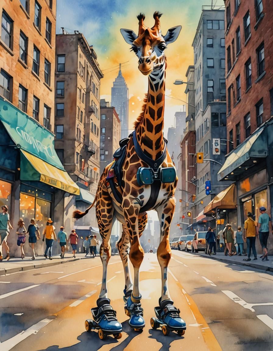 Whimsical Urban Wildlife: Giraffe Skates Through City Street...
