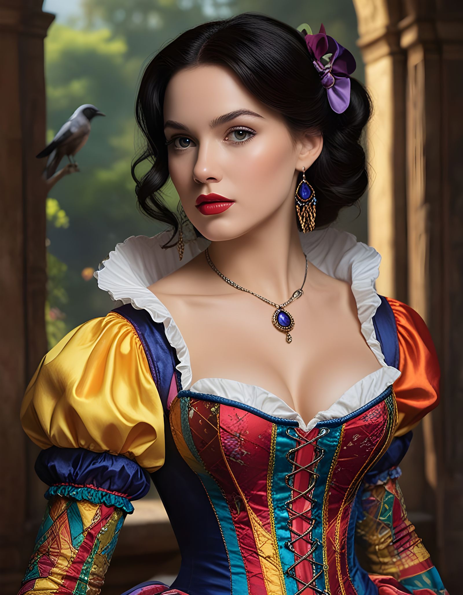 Enchanting Renaissance Princess in Vibrant Corset and Rainbo...