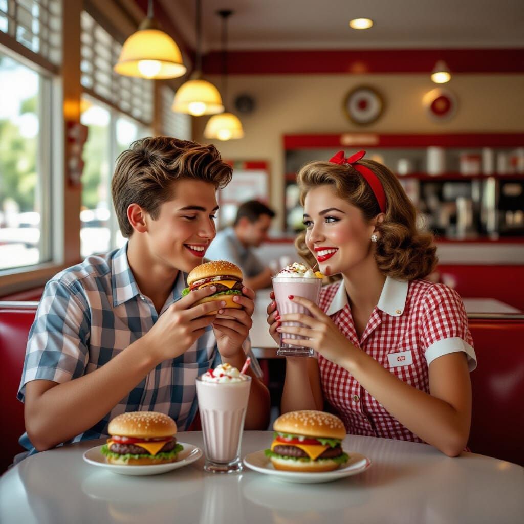 1950s Teens Enjoying Malt Shop Treats Photorealistic Style
