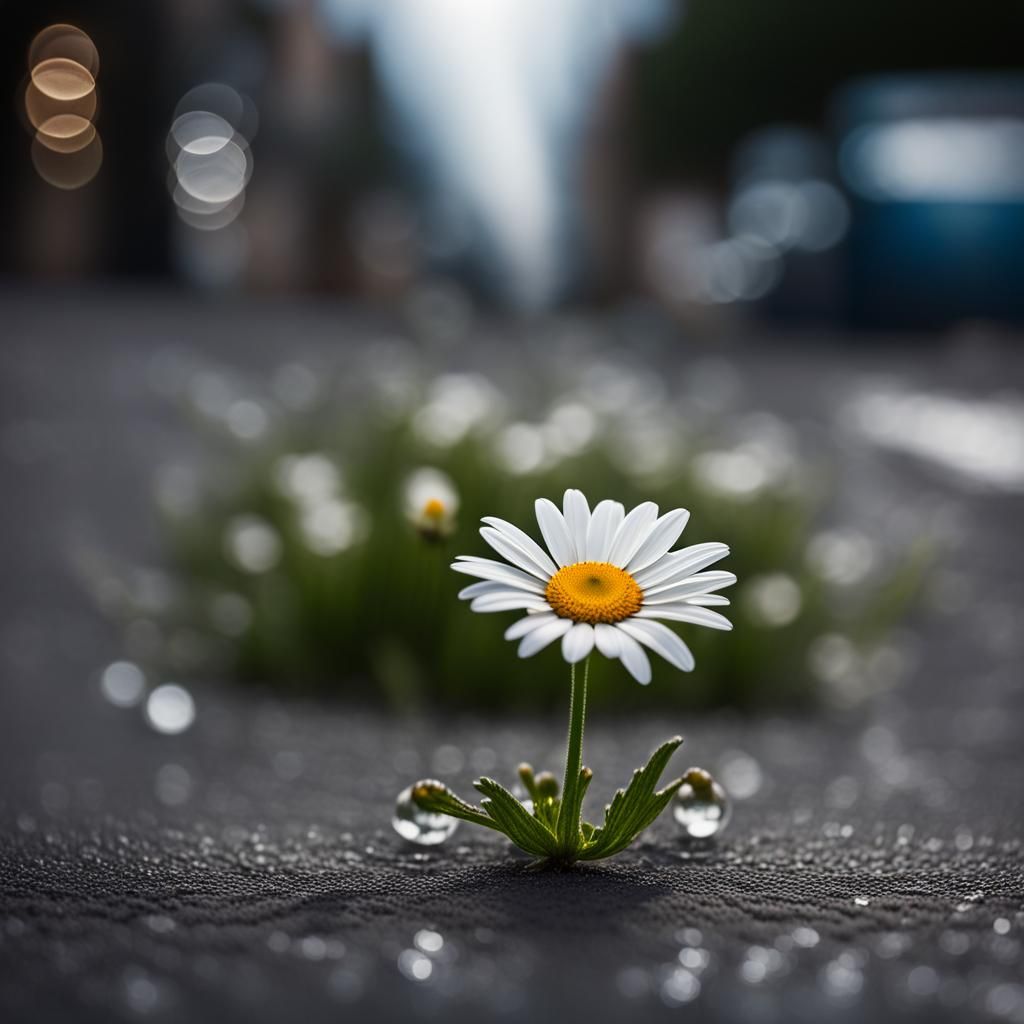 Daisy Blooms Through Asphalt: Dew-Kissed Close-Up