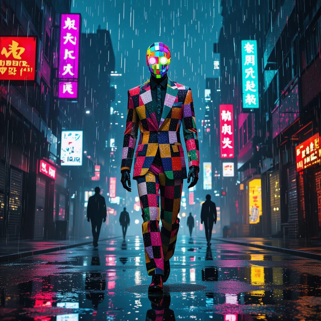 “Elongated figure, kaleidoscope face, patchwork suit of shat...