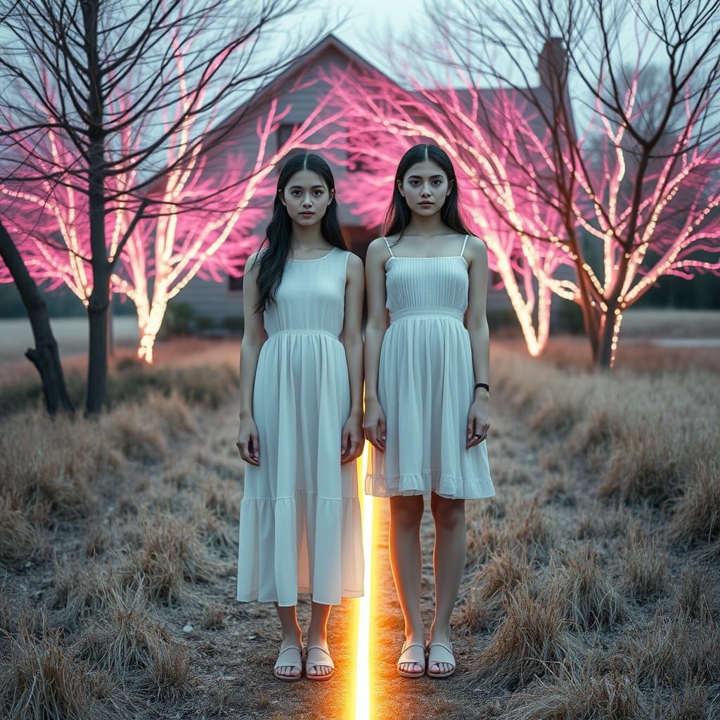 Surreal Woodland Scene with Neon Path