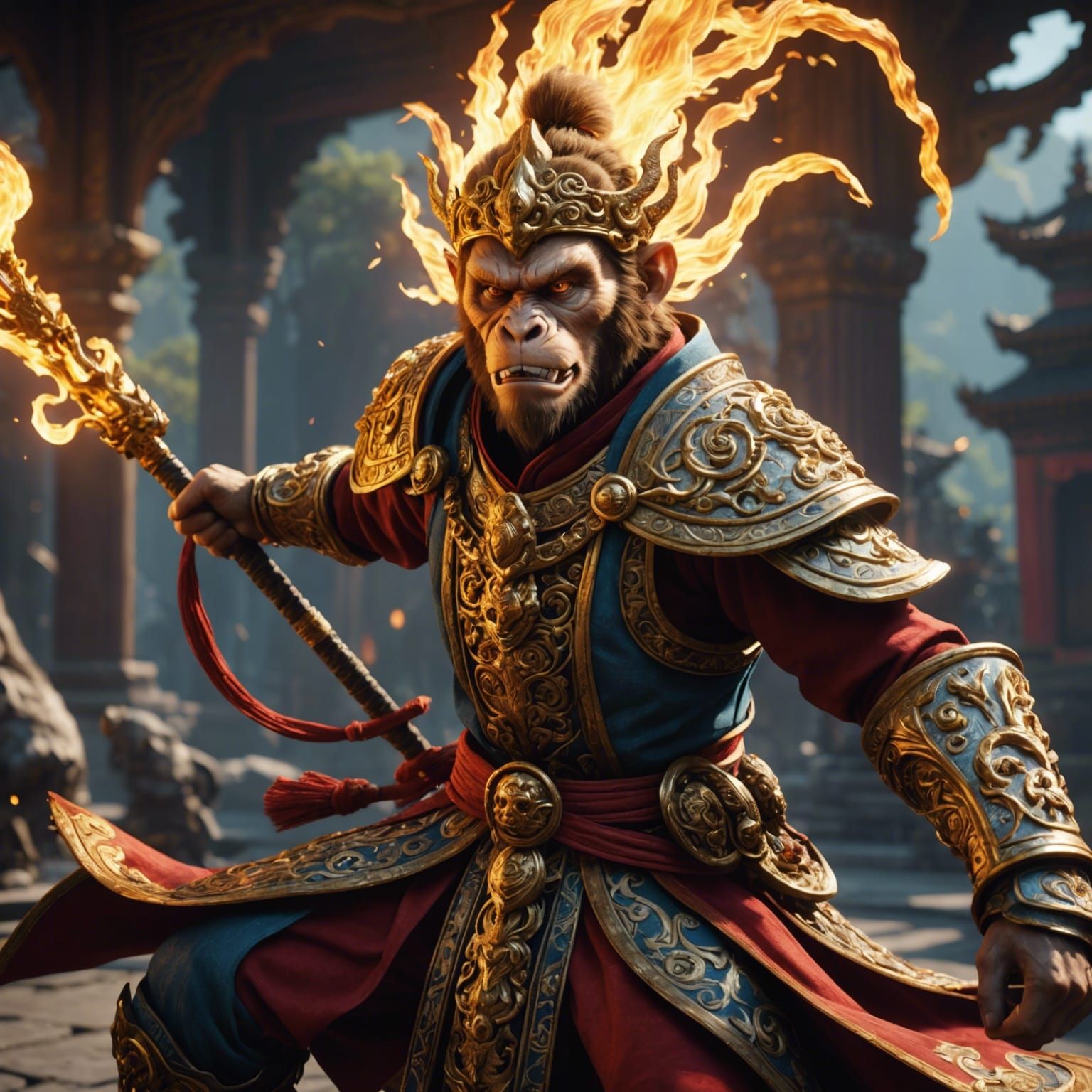 Monkey King's Divine Rage in 3D Game Cinematic Style