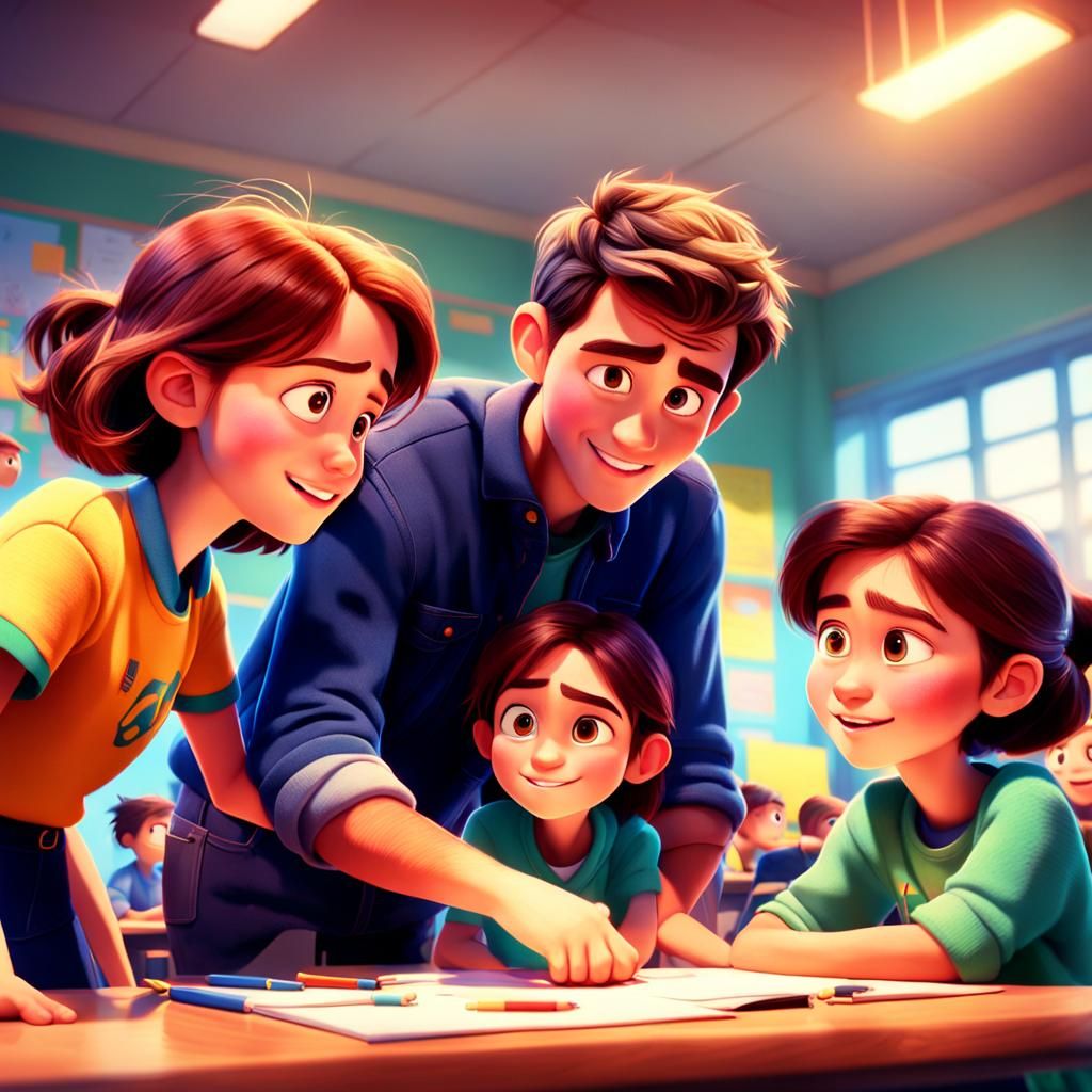 Students Helping Each Other: Pixar-Style Classroom Scene