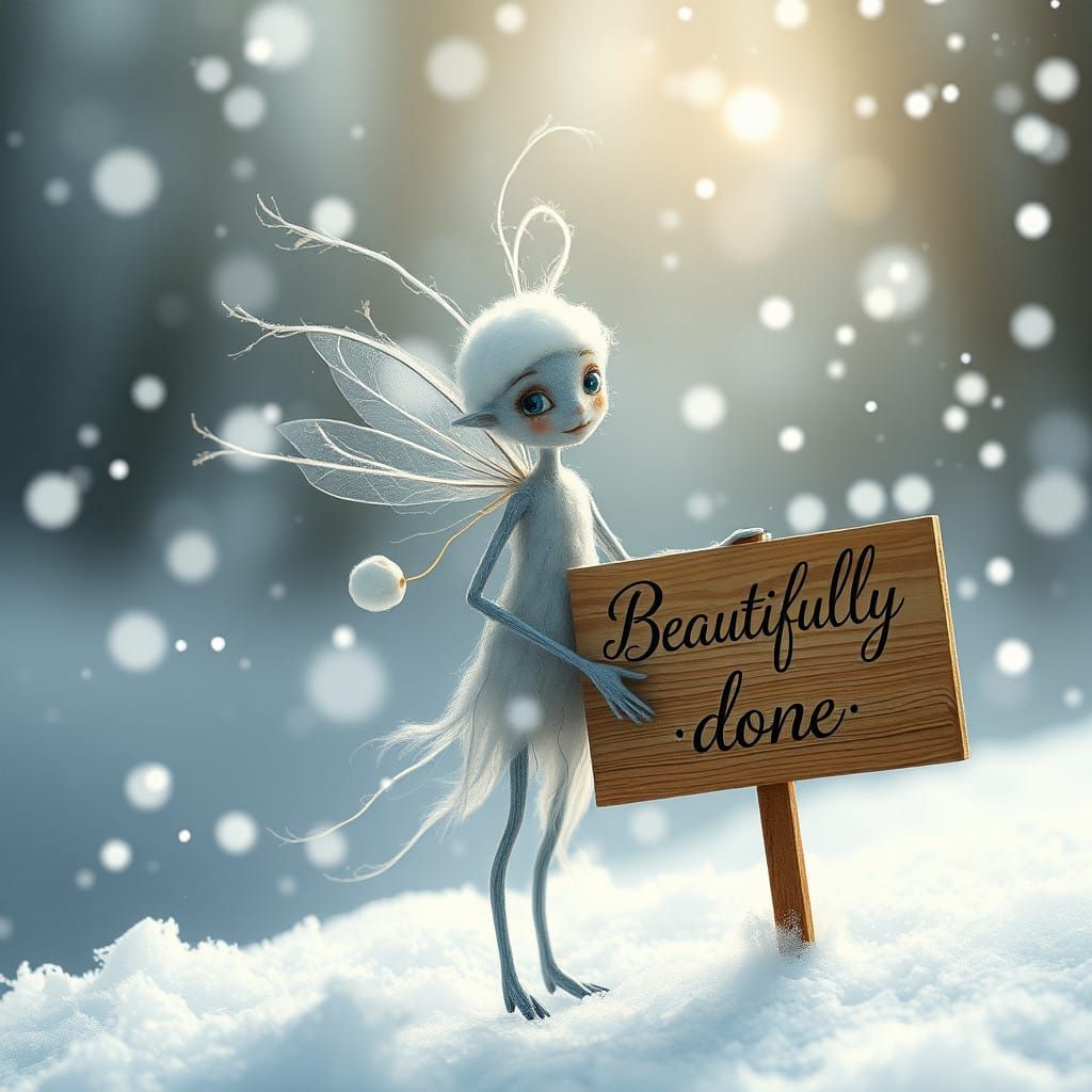 Whimsical Cotton Sprite in Wintery Snowfall
